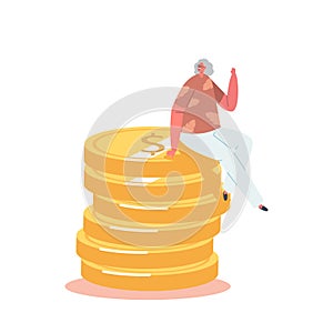Happy Senior Female Character Sitting on Huge Pile of Golden Coins. Concept of Financial Wealth, Investment Profit