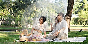 Happy senior grandparent together playing with little grandchild girl and party in park. Family leisure concept