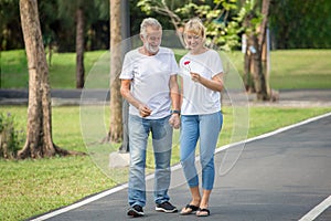 Happy senior loving couple relaxing at park walking with flower together in morning time. old people holding hand and enjoying