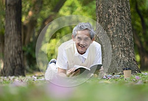 happy senior man with grey hair lying on grasses under a tree and reading a book in forest park