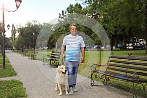 Happy senior man walking Golden Retriever dog in park