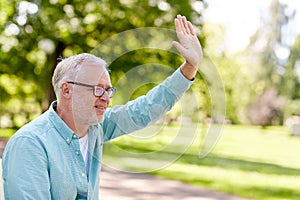 Happy senior man waving hand at summer park