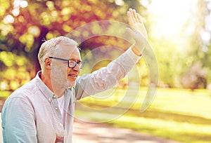 Happy senior man waving hand at summer park