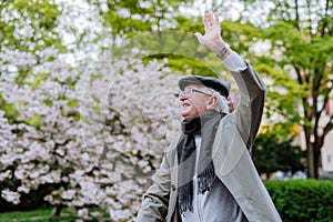 Happy senior man waving to somebody when on walk in park on spring day.