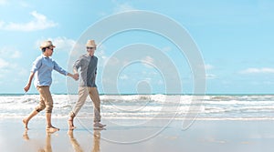 Happy senior man and woman couple dancing, holding hands & splashing in sea water on a deserted tropical beach with bright clear