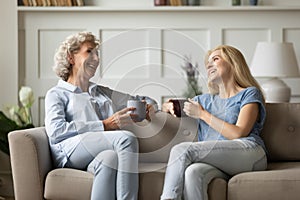 Happy senior mother and grown daughter drinking tea together