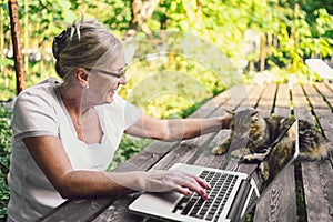 Happy senior old woman with home cat working online with laptop computer outdoor