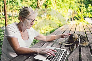 Happy senior old woman with home cat working online with laptop computer outdoor