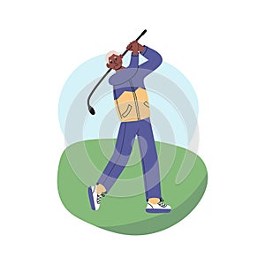 Happy senior playing golf in club park. Elderly man lead active lifestyle. flat vector modern illustration in trendy