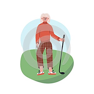 Happy senior playing golf in club park. Elderly woman lead active lifestyle. flat vector modern illustration in trendy