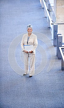 Happy, senior and portrait of woman in office for business, professional or project manager. Executive, top view and