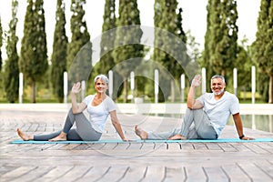 Happy senior retired couple doing partner yoga outside in city park