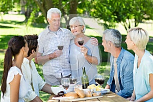 Happy senior toasting with their family