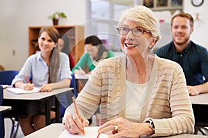 Happy senior woman at an adult education class looking up photo