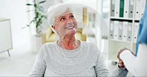 happy, senior woman and caregiver holding hands with patient to show support, care and empathy in healthcare. Elderly