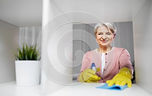 Happy senior woman with cloth dusting rack at home