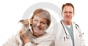 Happy Senior Woman with Dog and Male Veterinarian