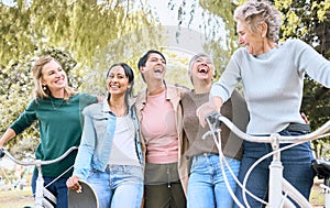 Happy senior woman, friends and laughing in joyful happiness enjoying fun time together at the park. Group of elderly