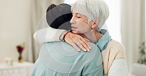 Happy senior woman, hug and elderly care for thank you, gratitude or support for caregiver at home. Mature female person