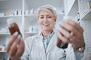 Happy senior woman, pharmacist and medicine for inventory inspection or checking stock on shelf at store. Mature female