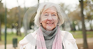 Happy, senior woman and portrait in the park for outdoor walk or mindset for wellness in retirement and woods, forest or