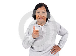 happy senior woman showing thumbs up isolated on white background