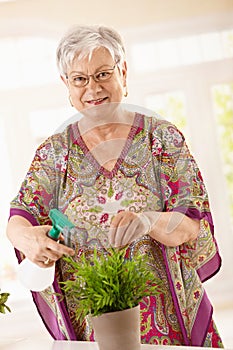 Happy senior woman watering plant
