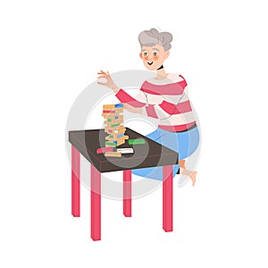 Happy Senior Woman with Wooden Block Tower Playing Jenga Board Game Having Fun on Weekend Vector Illustration