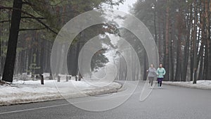 Happy Senior and young Caucasian women running in the snowy park in winter talking and smiling. Front static shot