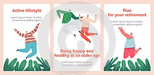 Happy Seniors Cartoon Banners. Old People Jumping with Raised Hands. Elderly Men and Women Joy and Happiness