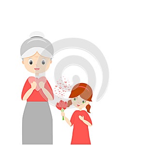 Happy seniors day.International older persons day.Little girl gives card and bouquet flowers to her grandmother.copy space.Mock up