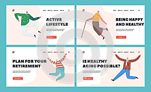 Happy Seniors Landing Page Template Set. Elderly People Jumping with Raised Hands. Old Men and Women Joy and Happiness