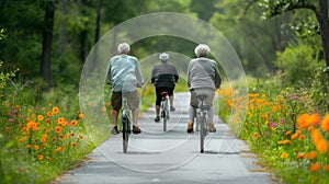 Happy seniors ride their bikes along a paved trail surrounded by lush greenery and beautiful flowers