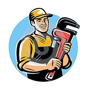 Happy service worker, builder with adjustable wrench. Workshop, building emblem, logo. Repair work vector illustration