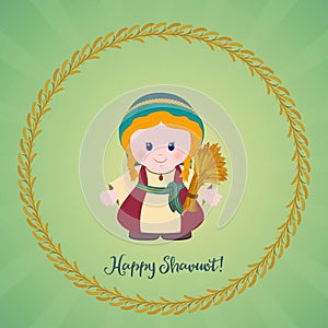 Happy Shavuot Jewish holiday greeting card. Ruth with Sheaf of w