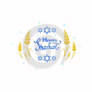 Happy Shavuot vector illustration with Stars of David Magen David and wheat.