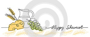 happy Shavuot vector web banner background. One continuous line drawing illustration with lettering happy Shavuot
