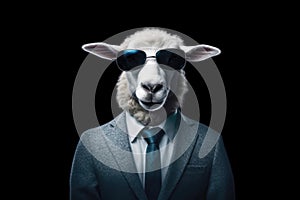 Happy Sheep In Suit And Sunglasses On Black Background. Generative AI