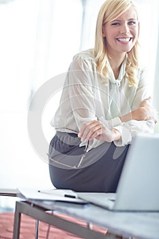 Happy shes working here. Portrait of a smiling business woman who is sitting on her desk in front of her laptop.