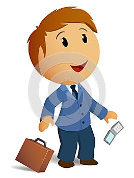 Happy shocked businessman with throw case