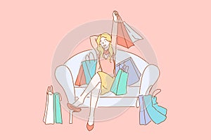 Happy shopaholic with purchases, consumerism concept