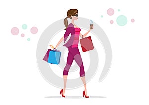 Happy shopper, big sale, happy girl with shopping. Vector illustration of girl style cartoon.Shop online and buy gifts or gifts