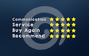 Happy Shopper concept. Rating 5 Stars review of good service, comunninaction. Satisfied Returned customer. five yellow star