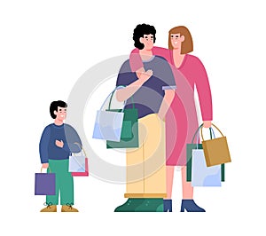 Happy shoppers family with child enjoy sales and discounts at stores and malls