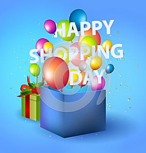 Happy shopping Day in blue box with balloons