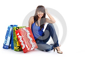 Happy Shopping girl on floor