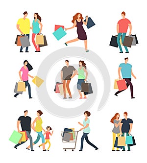 Happy shopping people. Man, woman and shoppers with gift boxes and shopping bags. Vector cartoon characters set photo