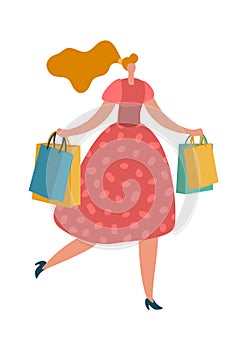 Happy shopping woman with bags. Young lady goes from supermarket isolated vector illustration