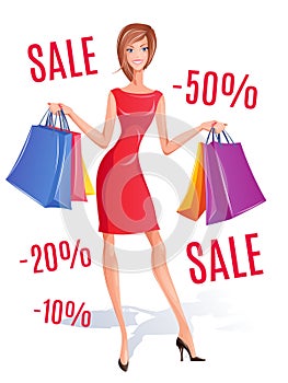 Happy shopping woman vector illustration with sale tags.