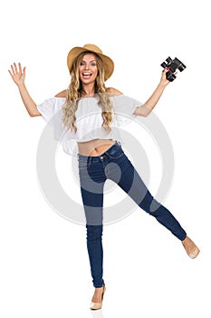 Happy Shouting Woman With Binoculars